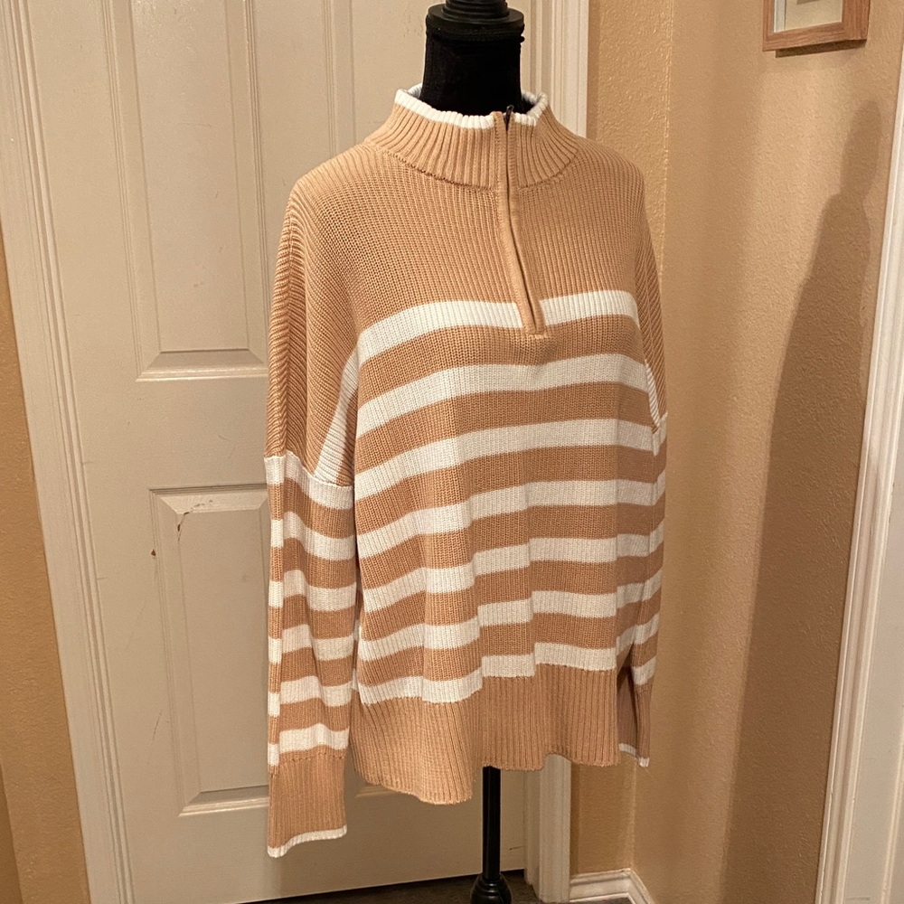 Lands' End Tan and White Striped Turtleneck Sweater